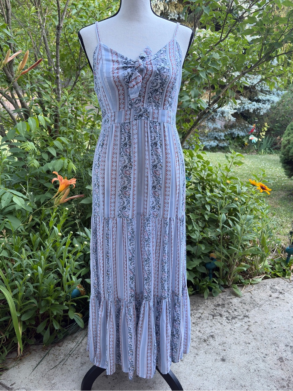 Japna Blue & White Striped Floral Tie-Front Maxi Dress